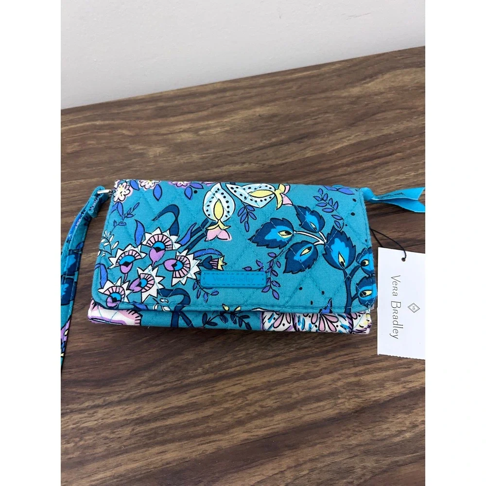Vera Bradley RFID Smartphone Wristlet Java Navy Floral Blue Quilted Wallet NEW